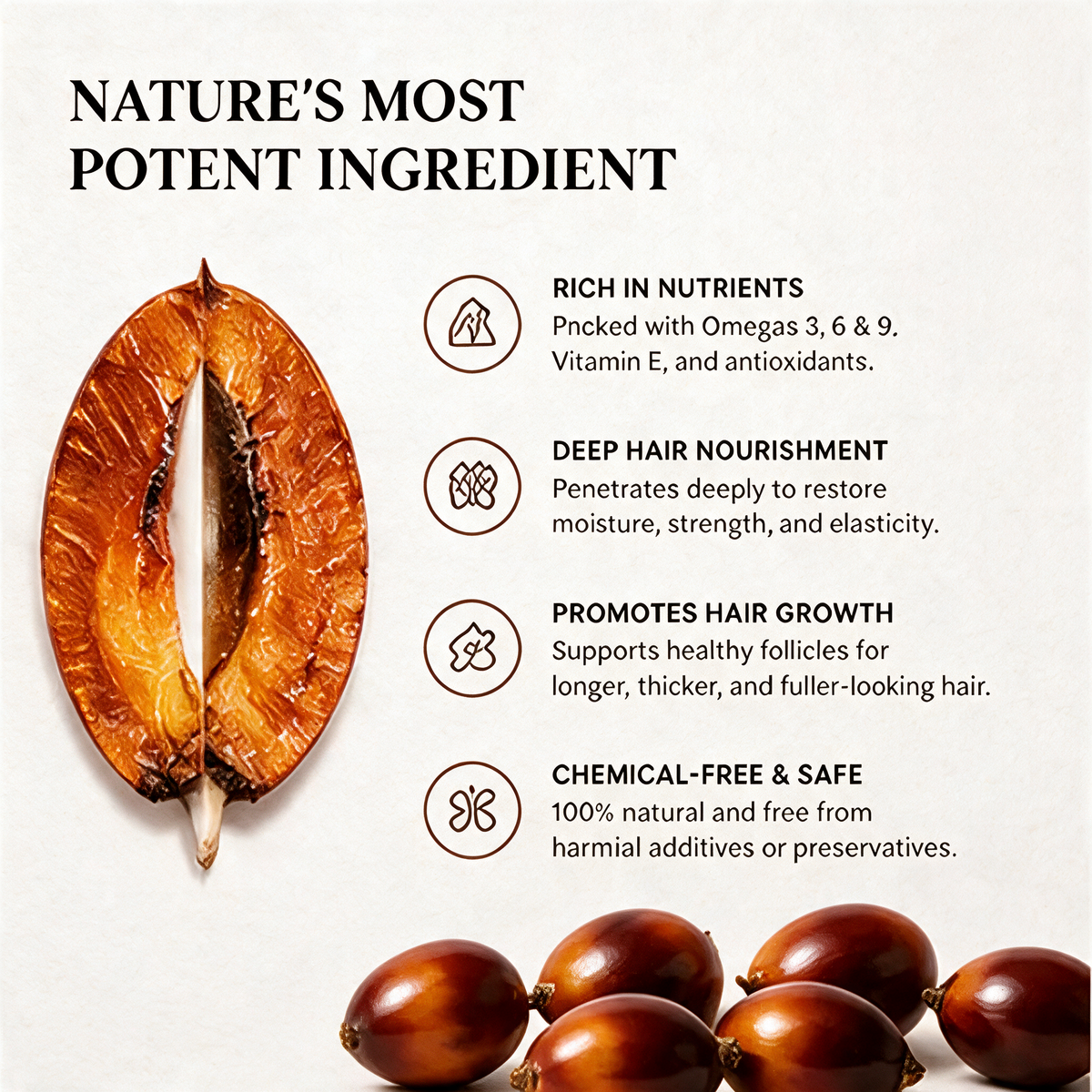 Batana oil key natural nutrients infographic, nourish repair strengthen scalp hair